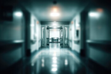 Blurred teal and white hospital hallway, with a shiny floor leading to an exit illuminated by a bright light