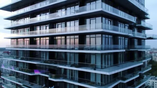 Modern highrise with staggered balconies and reflective windows under a bright sky