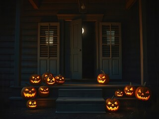 A dark porch with glowing jack-o'-lanterns arranged on the steps. The door is slightly open, revealing a hint of light inside. Halloween atmosphere is evident.
