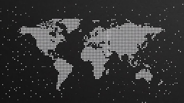 An intricate, pixel-art style world map, featuring continents in light gray dots on a deep black canvas, representing digital information and global networks.