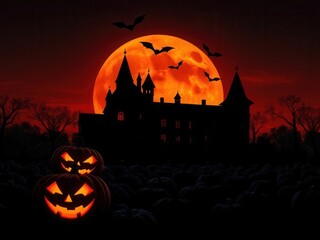 A spooky Halloween scene with a haunted castle silhouette against a large orange moon. Two carved pumpkins with grinning faces are in the foreground.