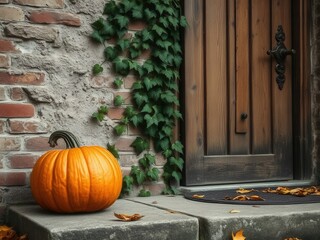 A bright orange pumpkin sits on stone steps beside a wooden door. Ivy climbs the wall, and autumn leaves are scattered on the ground, creating a festive Halloween atmosphere.