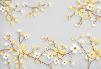 Subtle blue-grey & gold floral wallpaper; dainty leaves & blossoms , minimal, nature