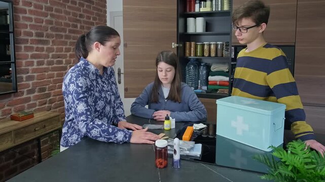 Family preparing survival kit and checking medication stocked for domestic accidents or disasters. Mother teaching children how to use emergency medical supplies like thermometer, band-aids or pills.