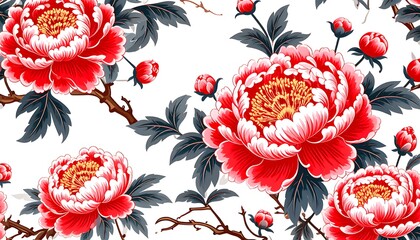 Red peonies on white background, seamless pattern