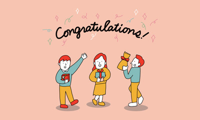 おめでとう！プレゼントを用意してお祝いする人々のイラスト