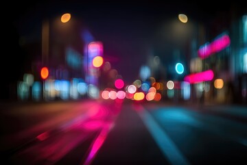 A blurry cityscape at night. Lights of cars and buildings create vibrant bokeh patterns in red, blue, purple, and yellow hues, illuminating the street