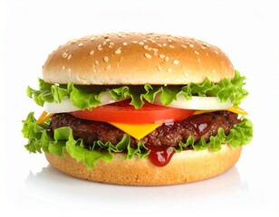 Close-up of classic hamburger with beef patty cheddar cheese tomato lettuce onion and ketchup stacked between sesame seed bun on white background for culinary and promotional visuals