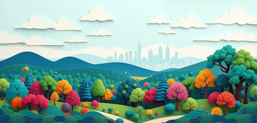 Team cleaning park, colorful paper cut style landscape with trees, hills, city skyline, clouds,  fresh,  city