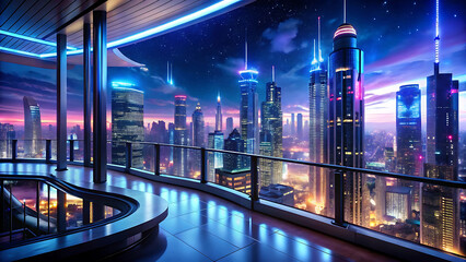 Balcony overlooking glowing futuristic city at night neon skyline with glowing skyscrapers in modern cyberpunk style