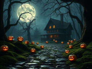 A spooky Halloween scene with a full moon illuminating a dark path lined with glowing jack-o'-lanterns. A haunted house stands in the background, surrounded by bare trees.