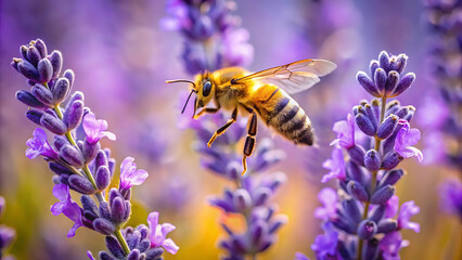 Close up of golden bee landing on blooming lavender flower macro photography with vibrant colors for nature background