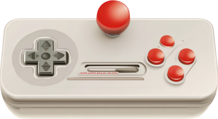 Off White Retro Video Game Controller with Red Buttons and Joystick on Transparent Background