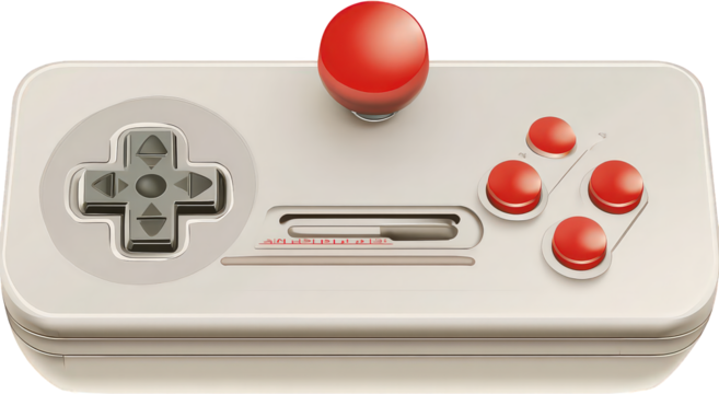 Off White Retro Video Game Controller with Red Buttons and Joystick on Transparent Background
