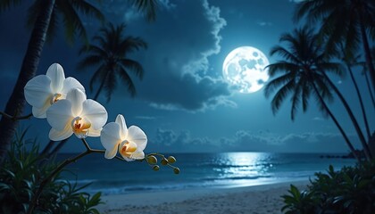 Serene night scene featuring white orchids illuminated by moonlight on tropical beach. Palm trees silhouetted against full moon, cloudy sky create tranquil atmosphere by ocean shore with gentle waves