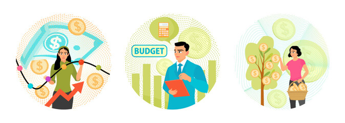 Analyzing Financial Growth Trends. Man Analyzes Financial Budget. Collecting Coins From Money Tree.