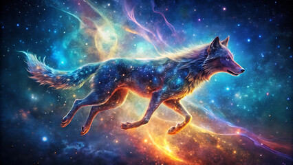 Cosmic wolf made of stardust running through space glowing celestial fantasy animal illustration with cosmic textures