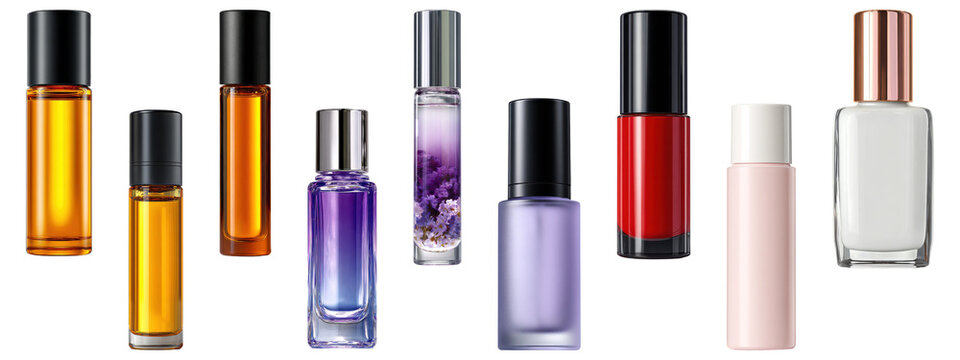 Small perfume roller bottles and cosmetic vials.