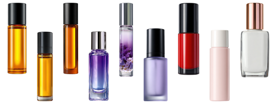 Small perfume roller bottles and cosmetic vials.