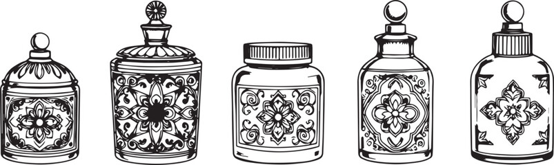 A set of cosmetic containers. Jars, vials, bottles, tubes. Hand drawn vector illustration