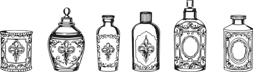 A set of cosmetic containers. Jars, vials, bottles, tubes. Hand drawn vector illustration
