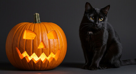 Black cat sitting next to a carved pumpkin