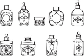 Obraz premium A set of cosmetic containers. Jars, vials, bottles, tubes. Hand drawn vector illustration