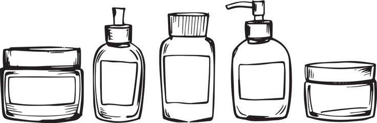 A set of cosmetic containers. Jars, vials, bottles, tubes. Hand drawn vector illustration