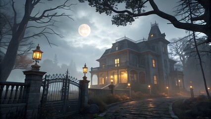 Haunted Mansion with Lanterns Halloween Scene