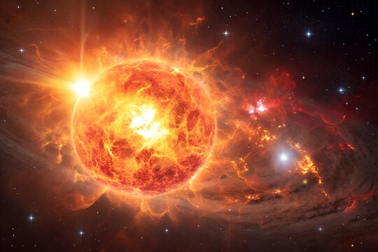 Fiery sun erupting with solar flares in deep space