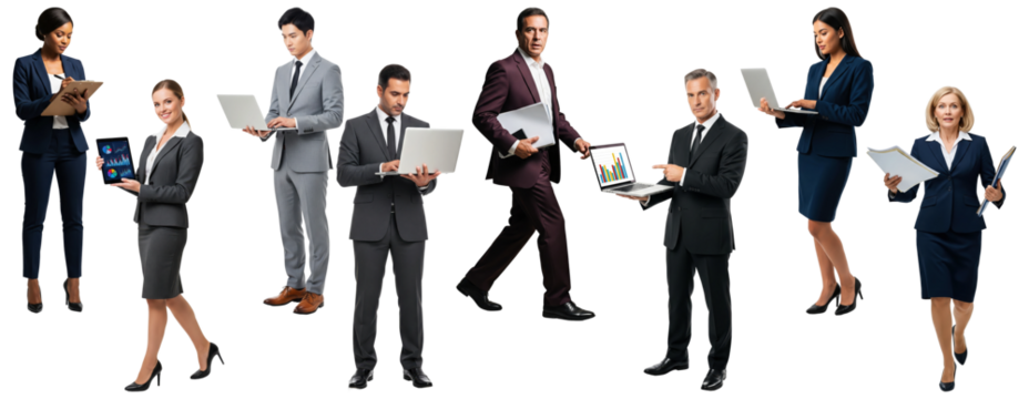 Collection of diverse business people with laptops and tablets.