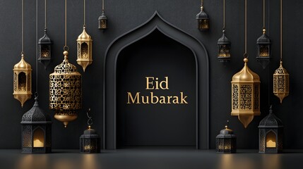 Traditional lanterns hanging from arch Eid Mubarak