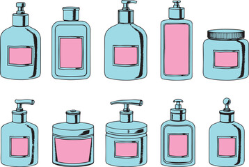 A set of cosmetic containers. Jars, vials, bottles, tubes. Hand drawn vector illustration