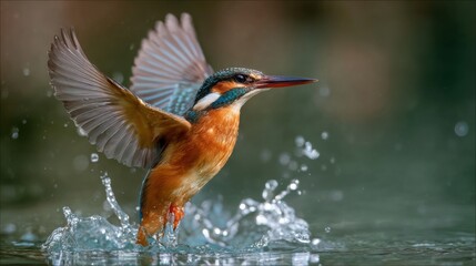 Obraz premium A vivid kingfisher is captured mid-flight above sparkling water as it splashes down, showcasing its vibrant plumage under soft evening light.