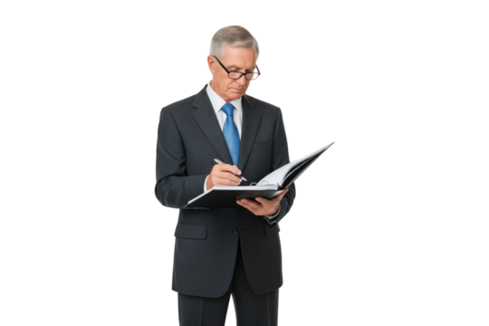 A senior businessman reading a document in a folder.