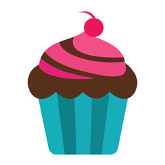 Chocolate cupcake with pink swirl frosting and a red cherry on top, perfect for bakeries and dessert shops