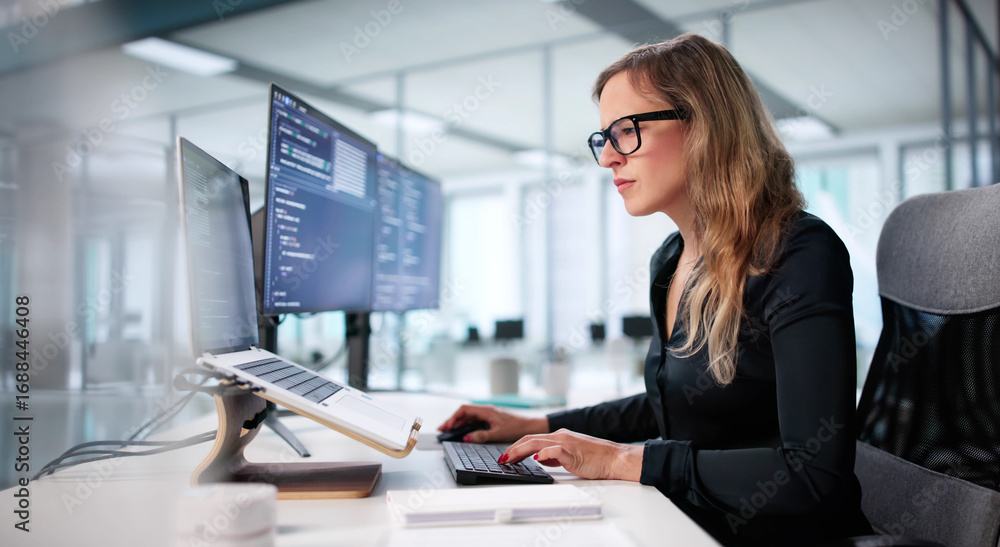 Poster young woman coding website on computer screen