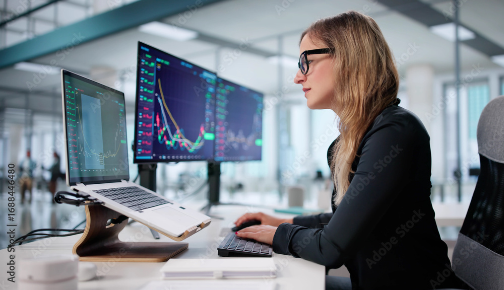 Aufkleber trader analyzing stocks with multiple screens in a financial company office
