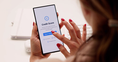 Successful Young Woman Checking Credit Score On Smartphone App