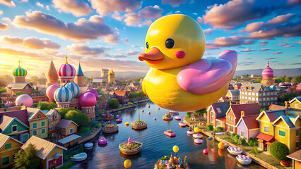 Giant pastel duck balloon floating above candyland surreal whimsical fantasy festival with glowing playful atmosphere