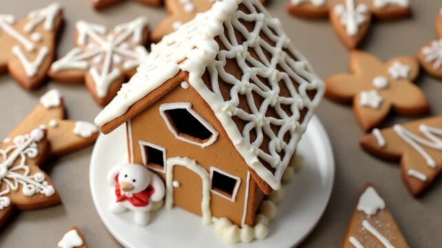 Gingerbread house with white icing. Christmas food. Gingerbread cookies. Top view