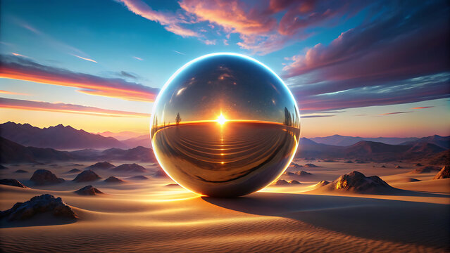 Giant metallic orb floating above neon desert horizon futuristic surreal glowing sci fi background with cosmic energy