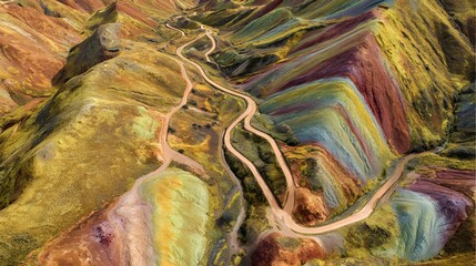 Top-down view of winding hiking