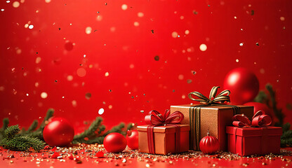 Red themed Christmas gift box and Christmas background image. Background material. Winter. Gifts. Presents. Celebrate.