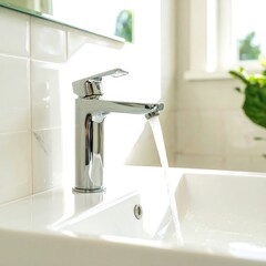 Modern bathroom faucet with flowing water in bright setting