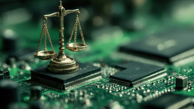 A golden scale of justice is placed atop a green circuit board, highlighting the relationship between legal principles and technological advancements in a digital age