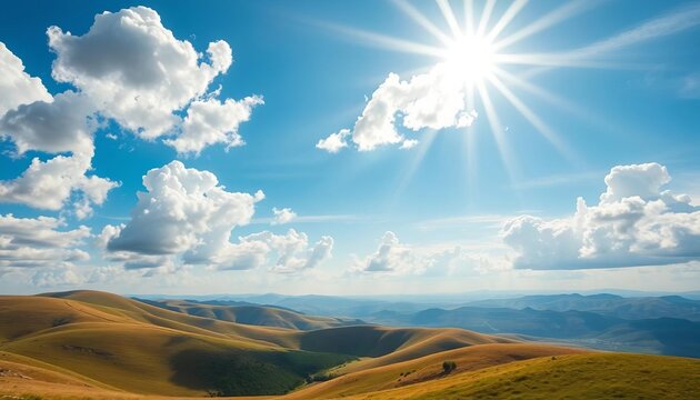 Azure sky, fluffy white clouds, vibrant sunshine illuminating rolling hills, serene, royalty free