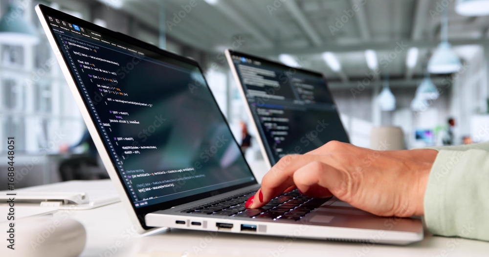 Poster busy female programmer creating software code on computer