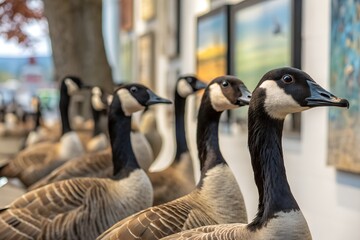 Obraz premium Row of canada geese statues in a gallery setting
