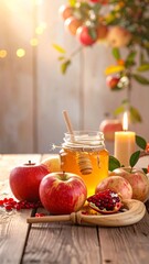 Apples, honey jar, pomegranates, and candle on rustic table outdoors, traditional Rosh Hashanah symbols for Jewish New Year celebration, sweet seasonal festive holiday atmosphere